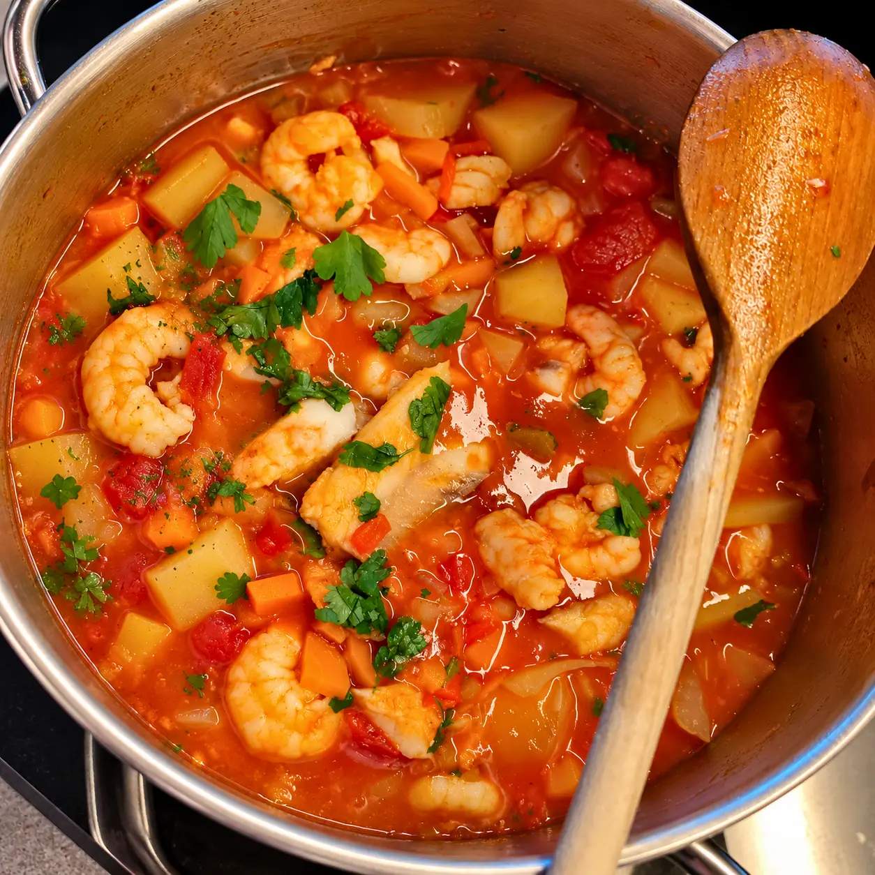 Vissoep met kabeljauw en scampi