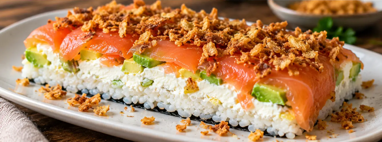 sushi-lasagne met gerookte zalm