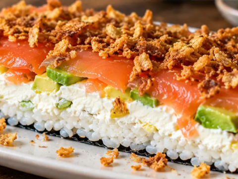 sushi-lasagne met gerookte zalm